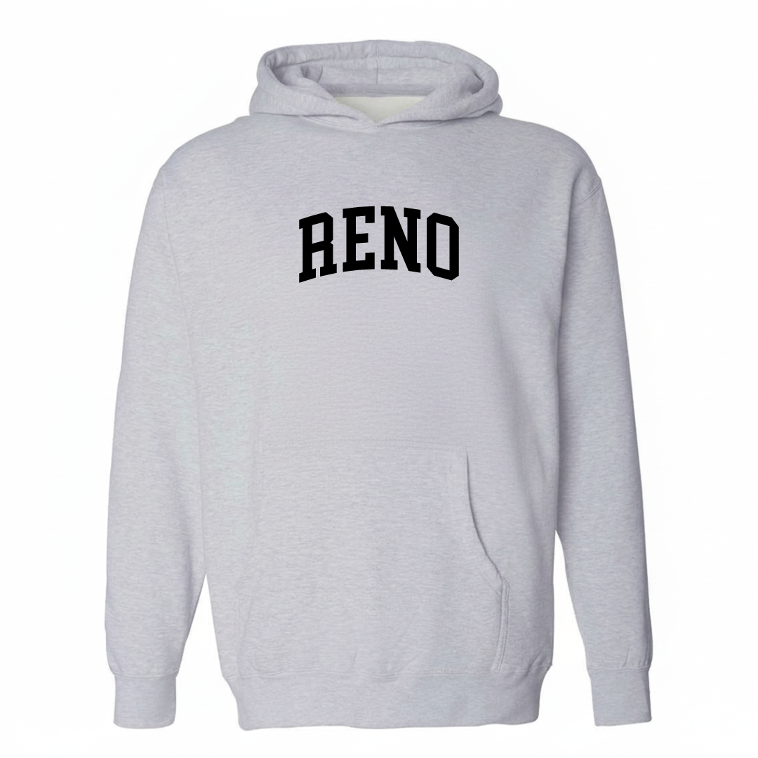 Heather-gray hoodie with the Reno arched lettering varsity-collegiate design on the chest.