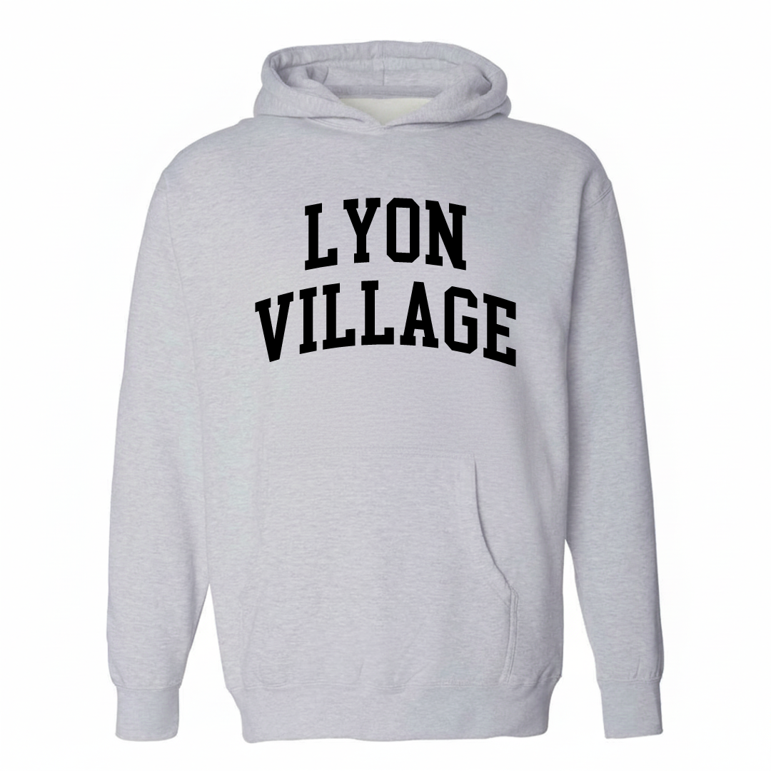 Heather-gray hoodie with the Lyon Village varsity arched lettering design on the chest.
