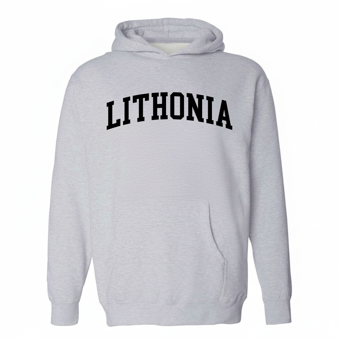 Heather-gray hoodie with the Lithonia varsity arched lettering design on the chest.