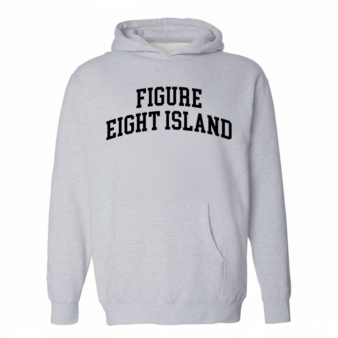 Heather-gray hoodie with the Figure Eight Island varsity arched lettering design on the chest.