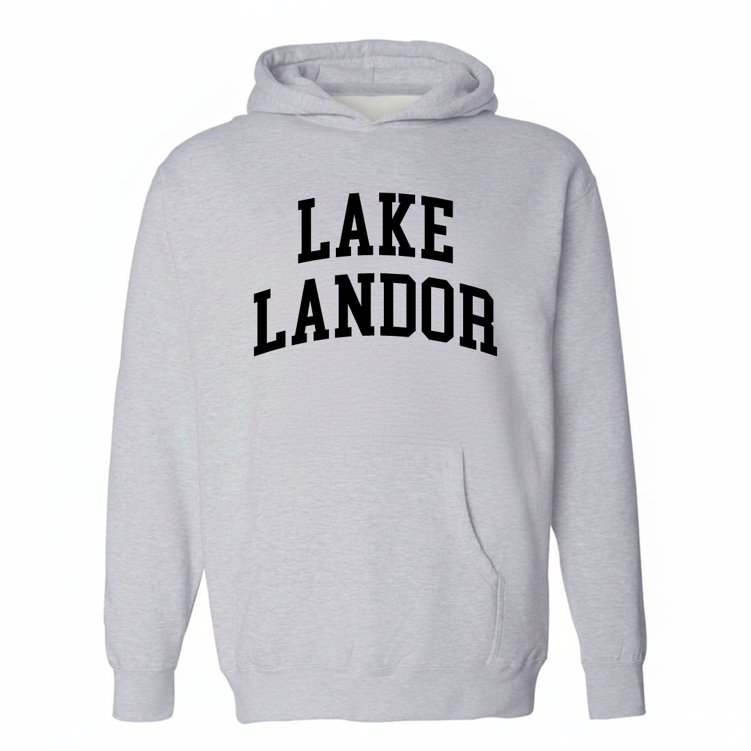 Heather-gray hoodie with the Lake Land'Or varsity arched lettering design on the chest.