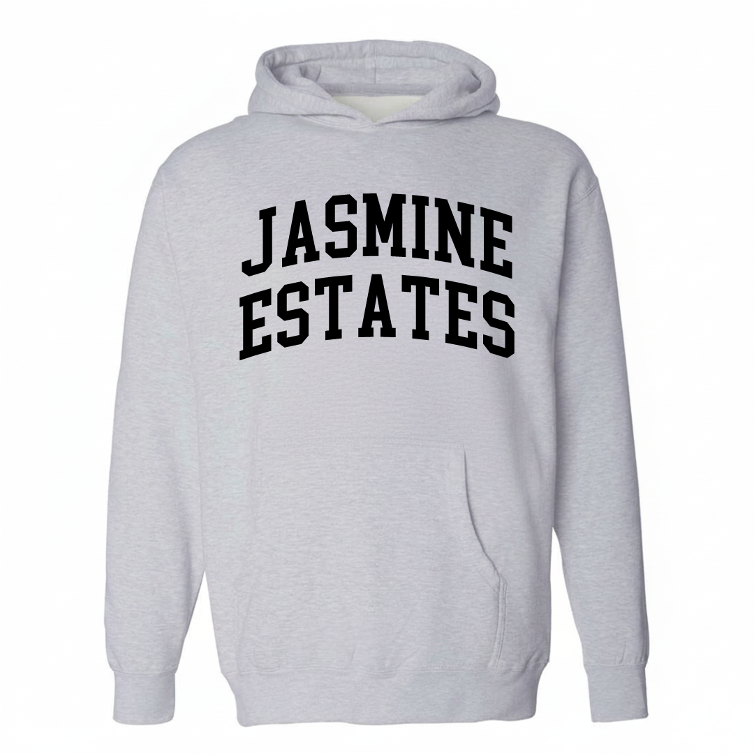 Heather-gray hoodie with the Jasmine Estates varsity arched lettering design on the chest.