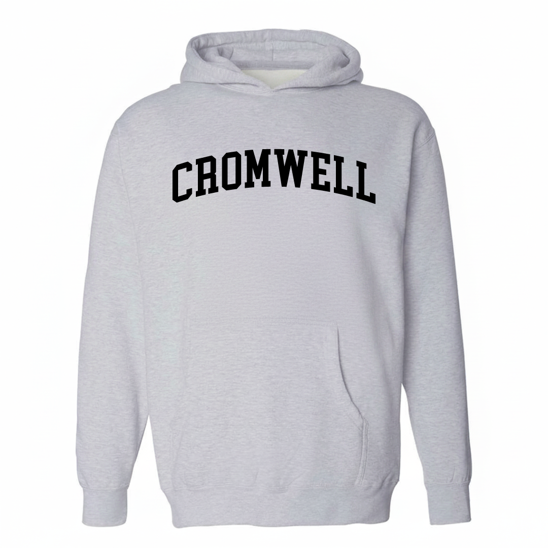 Heather-gray hoodie with the Cromwell varsity arched lettering design on the chest.