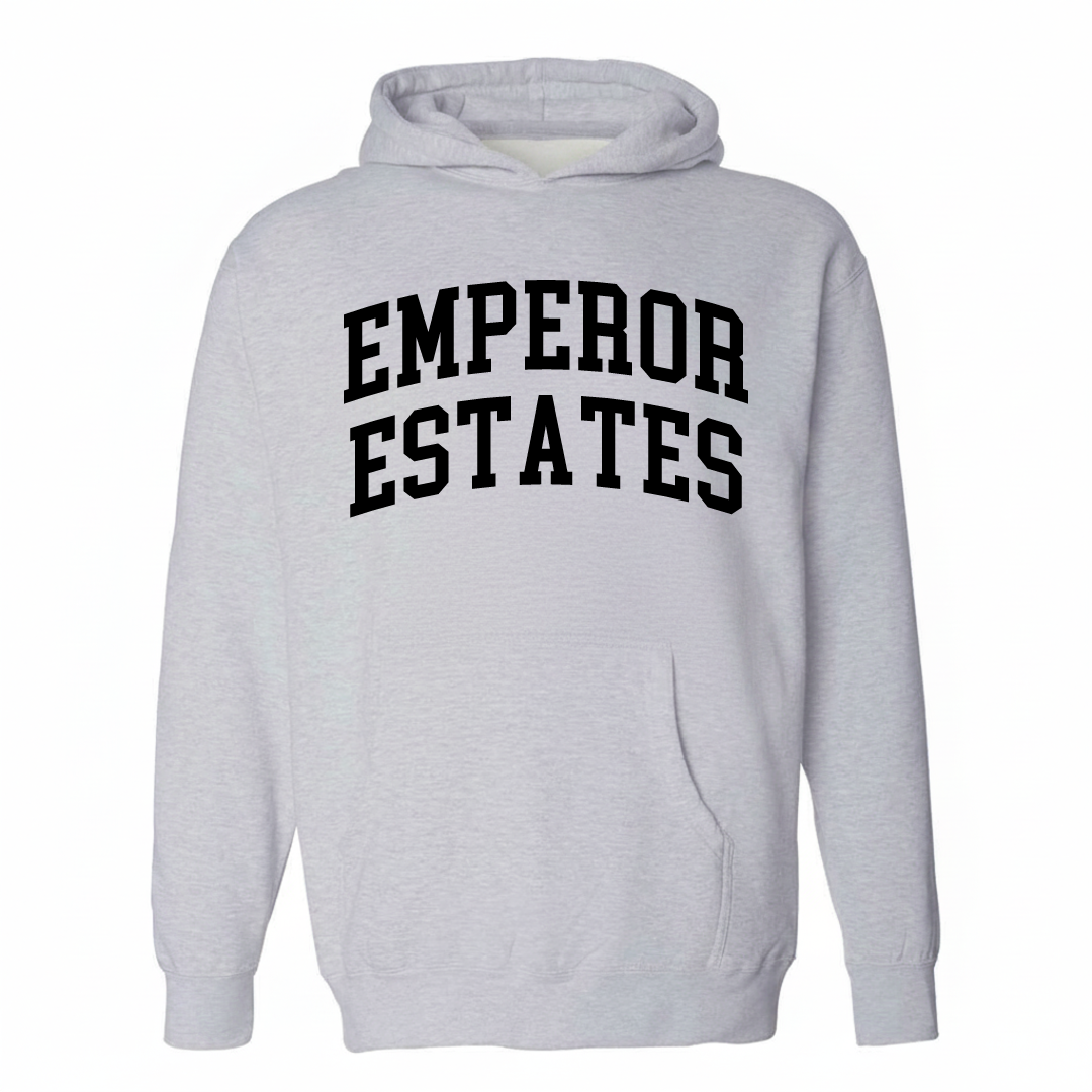 Heather-gray hoodie with the Emperor Estates varsity arched lettering design on the chest.