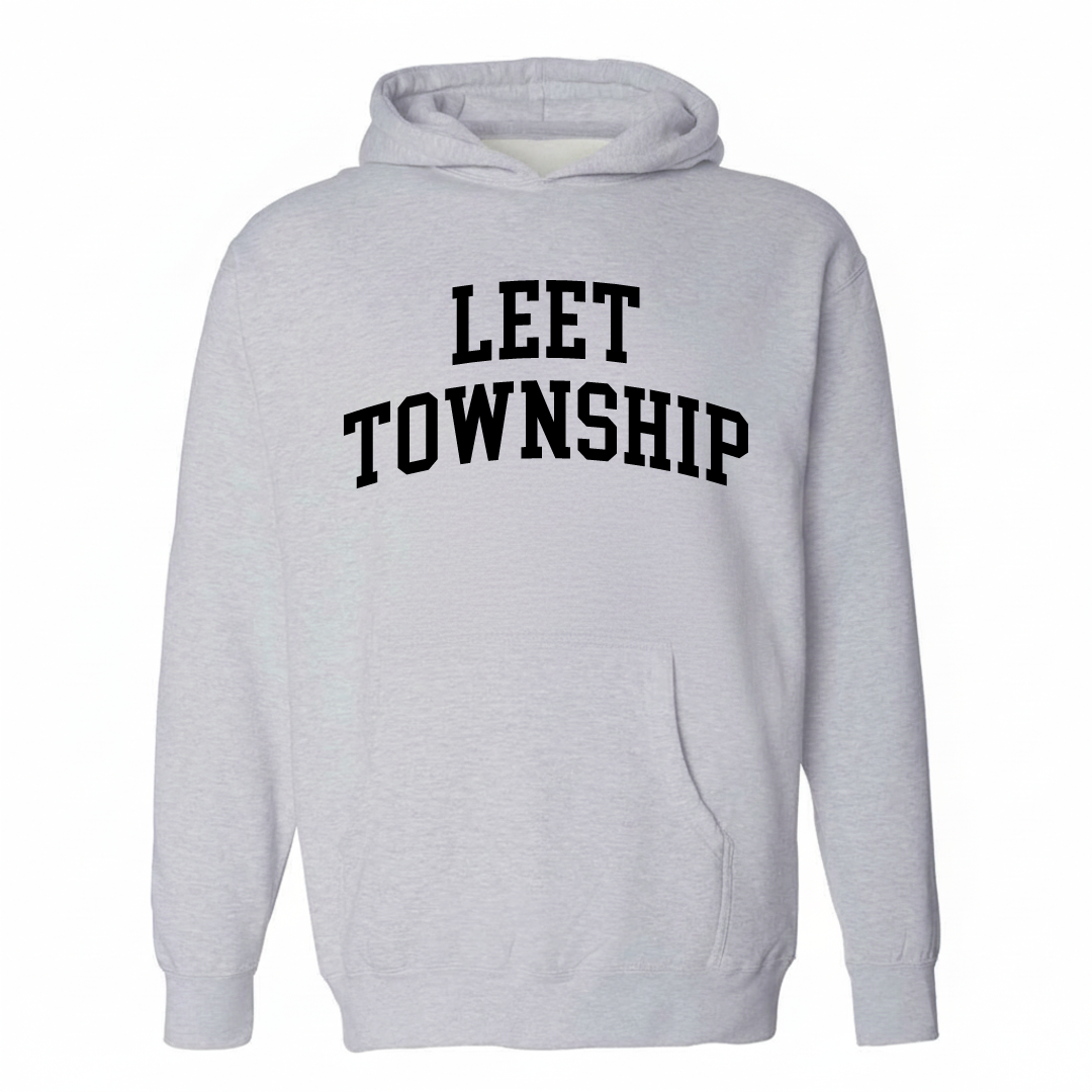 Heather-gray hoodie with the Leet Township varsity arched lettering design on the chest.