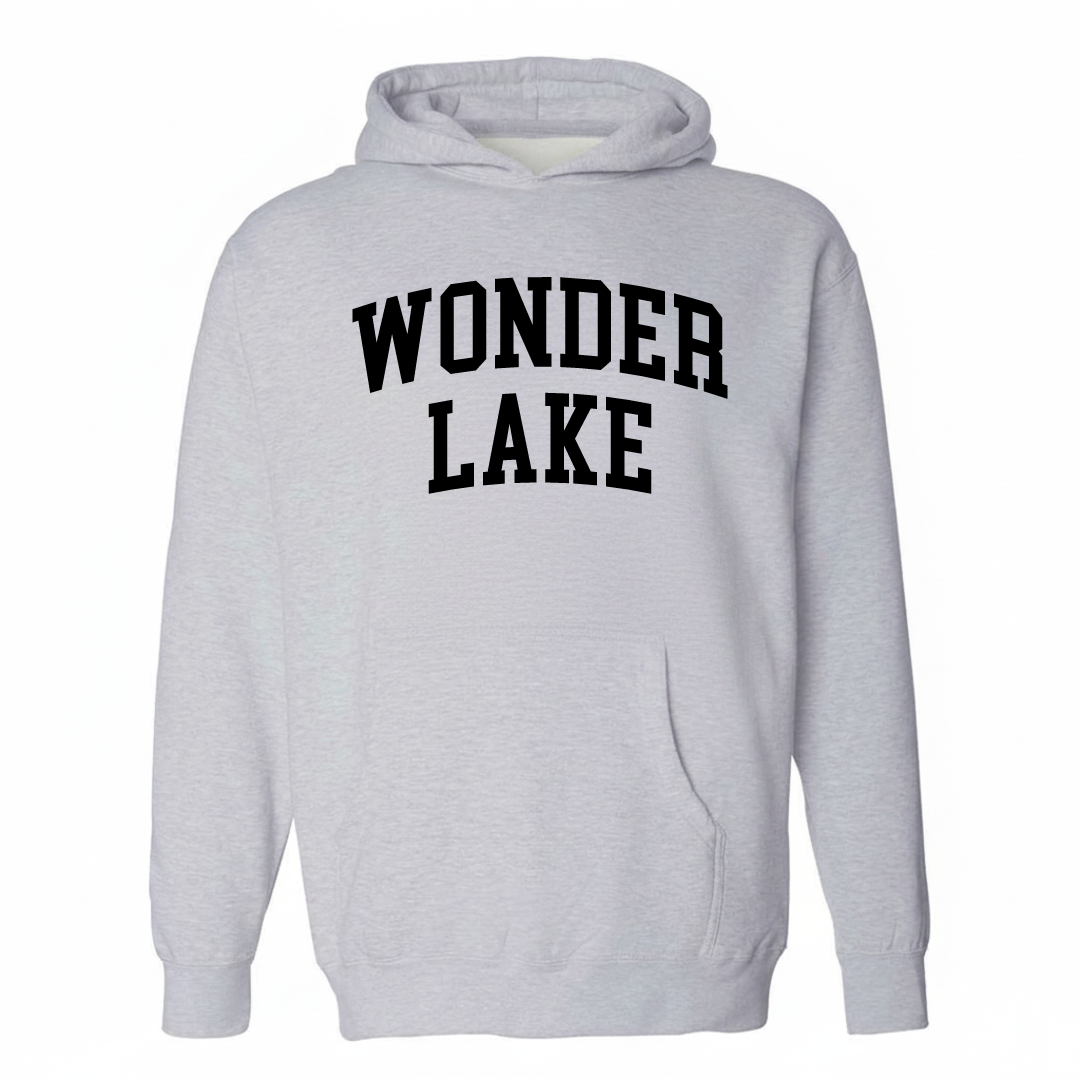 Heather-gray hoodie with the Wonder Lake varsity arched lettering design on the chest.