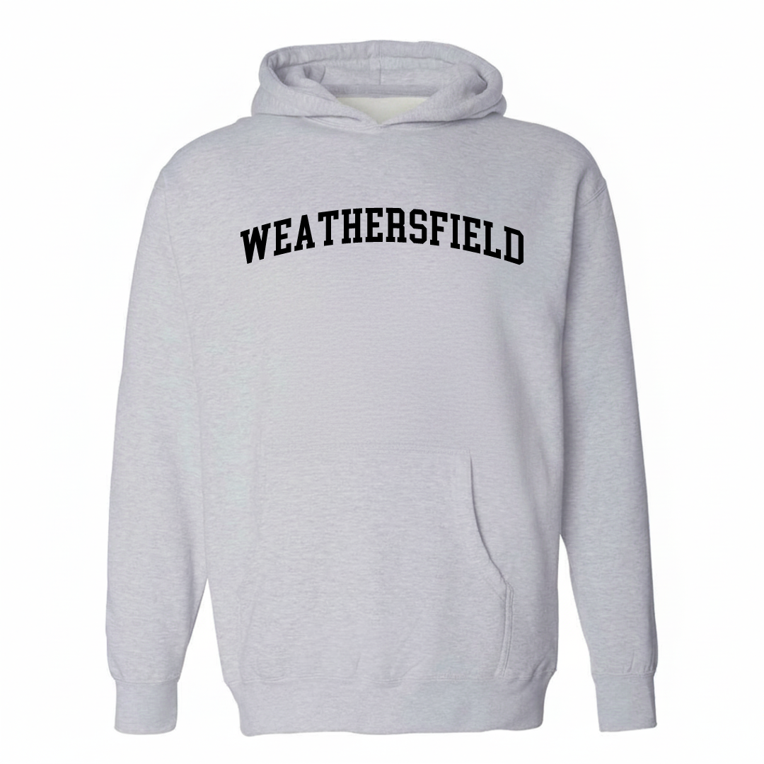 Heather-gray hoodie with the Weathersfield varsity arched lettering design on the chest.