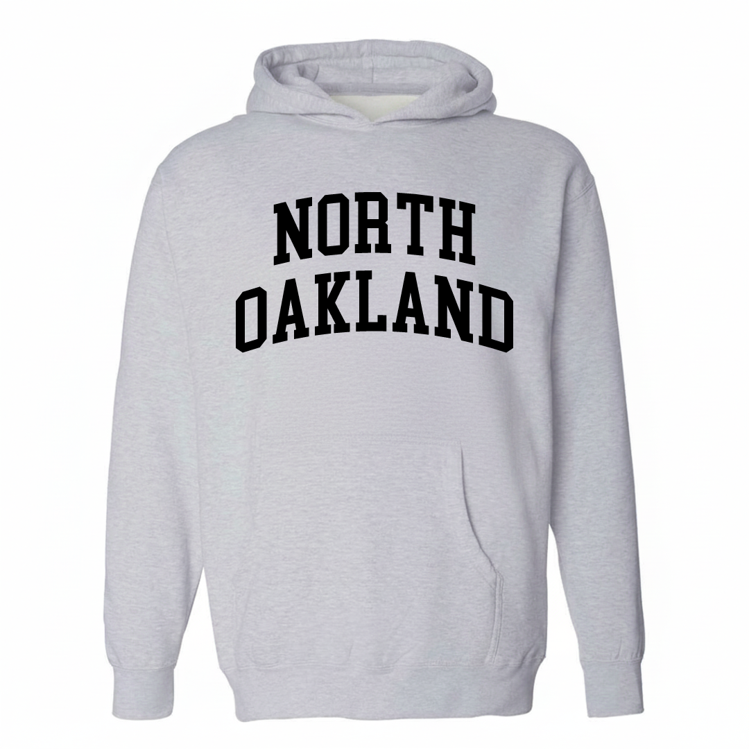 Heather-gray hoodie with the North Oakland varsity arched lettering design on the chest.