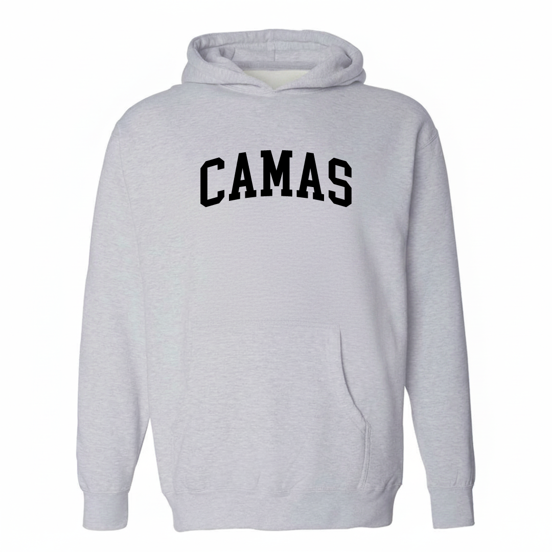 Heather-gray hoodie with the Camas arched varsity lettering design on the chest.