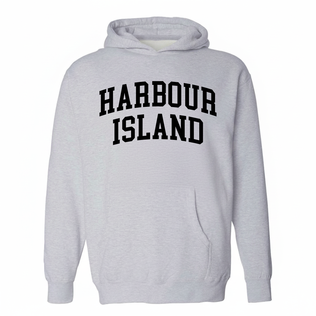 Heather-gray hoodie with the Harbour Island arched lettering design on the chest.