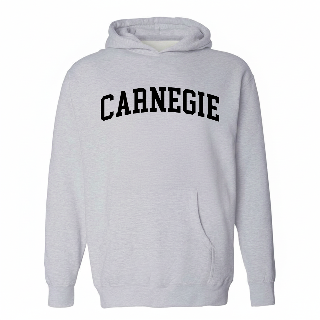 Heather-gray hoodie with the Carnegie varsity arched lettering design on the chest.
