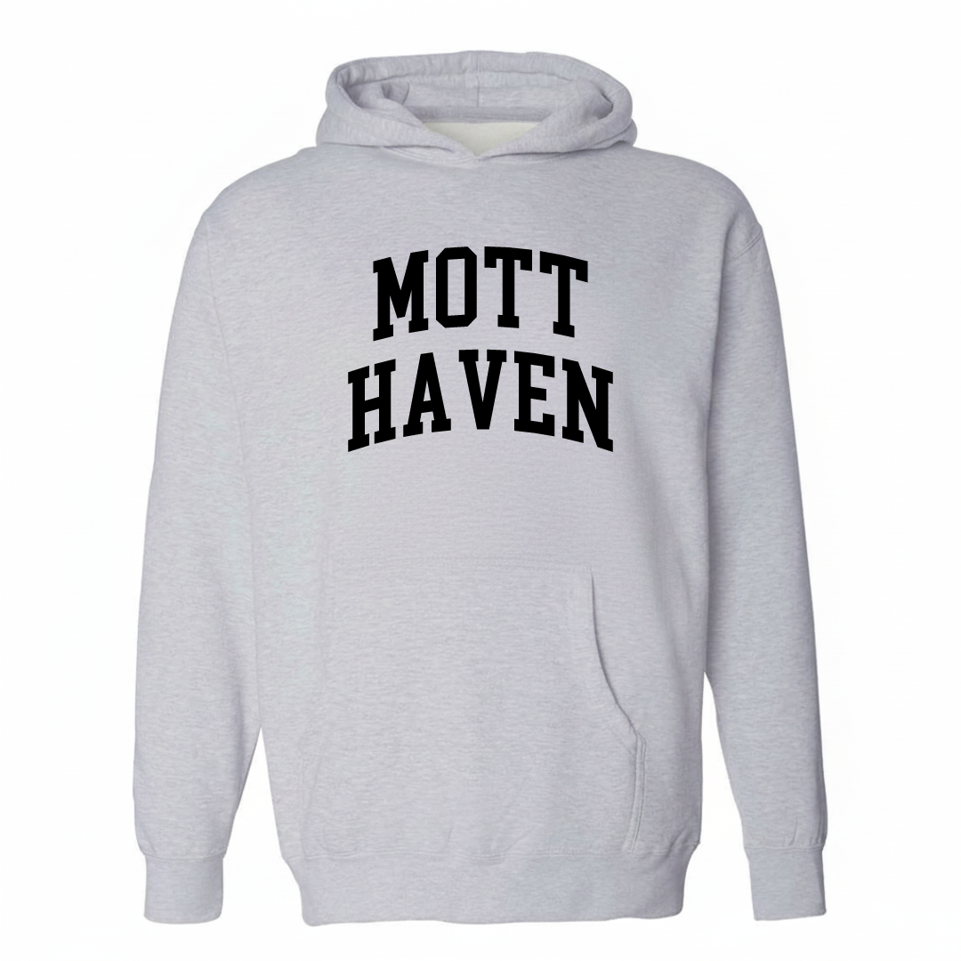 Heather-gray hoodie with the Mott Haven varsity arched lettering design on the chest.