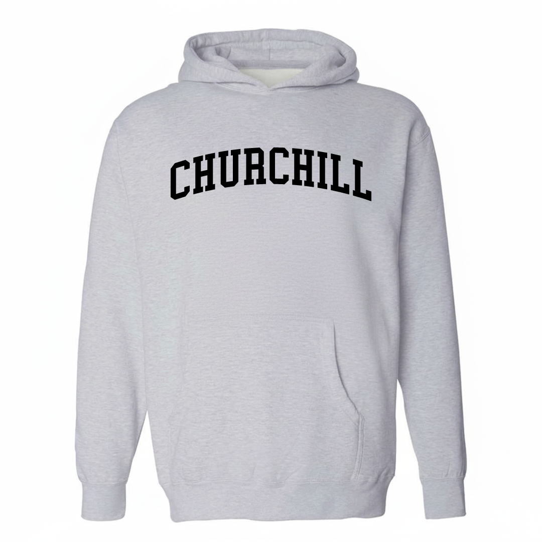 Heather-gray hoodie with the Churchill Eugene varsity arched lettering design on the chest.