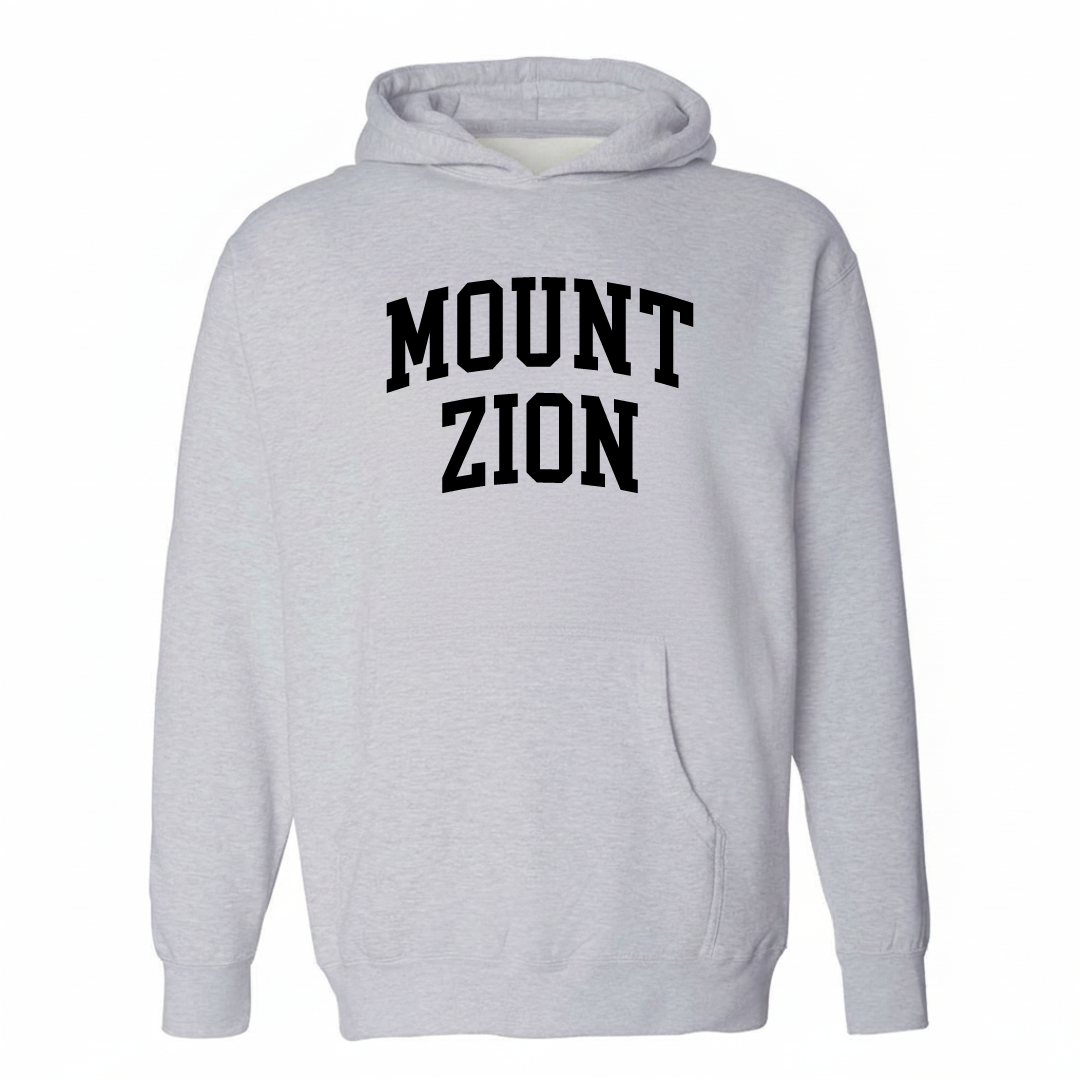 Heather-gray hoodie with the Mount Zion varsity arched lettering design on the chest.