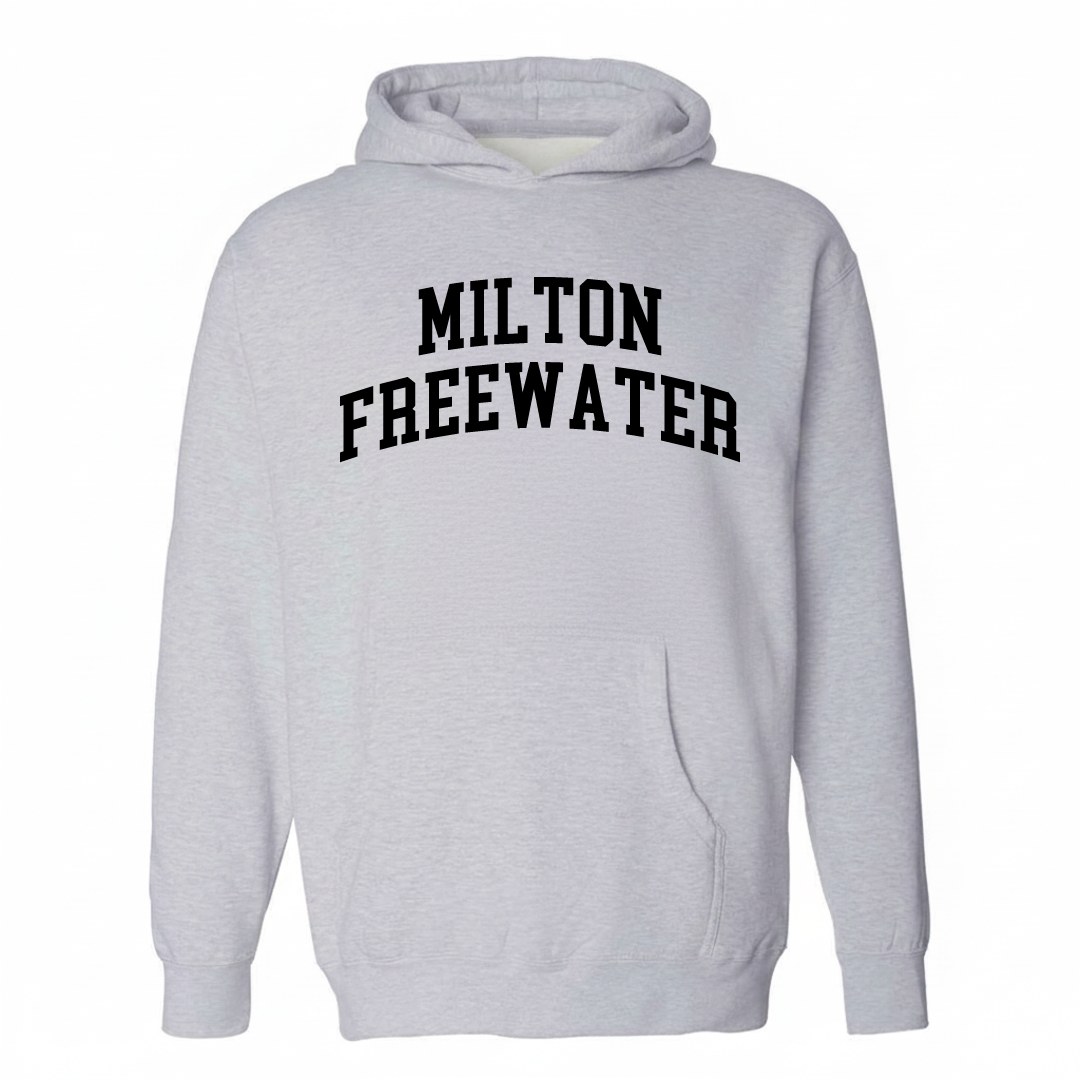 Heather-gray hoodie with the Milton-Freewater arched lettering design on the chest.