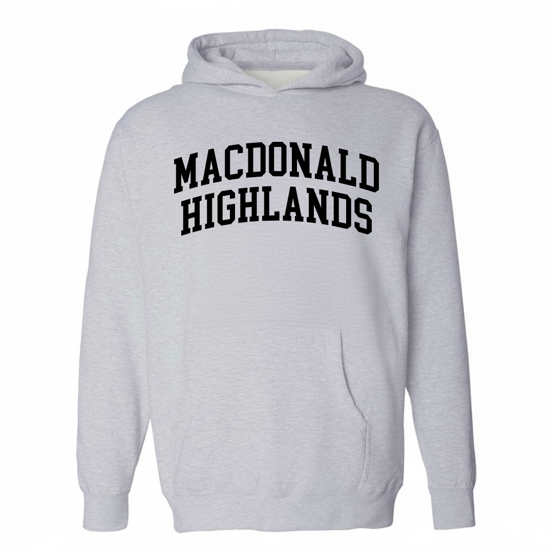 Heather-gray hoodie with the MacDonald Highlands varsity arched lettering design on the chest.