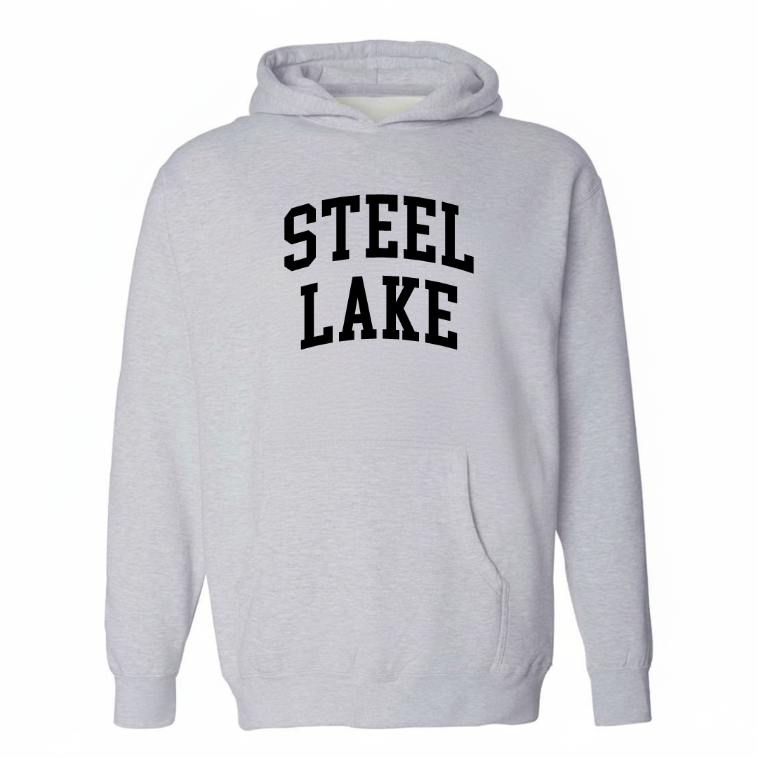 Heather-gray hoodie with the Steel Lake varsity arched lettering design on the chest.