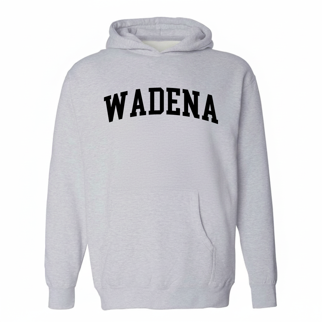 Heather-gray hoodie with the Wadena varsity arched lettering design on the chest.