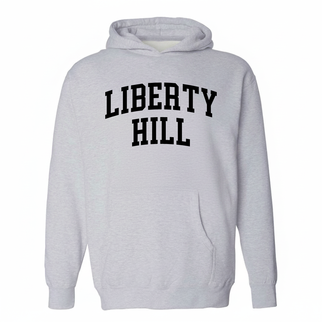 Heather-gray hoodie with the Liberty Hill arched lettering varsity-collegiate design on the chest.