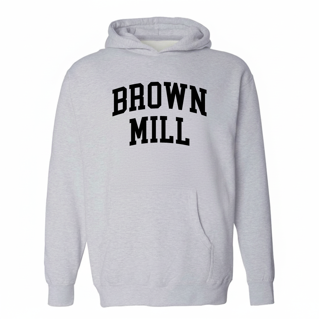 Heather-gray hoodie with the Brown Mill arched lettering design on the chest.