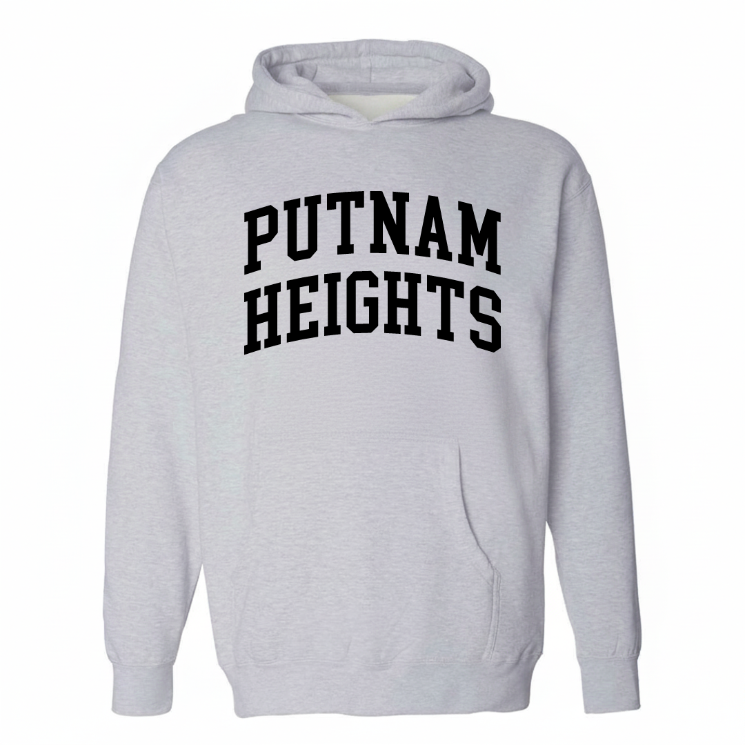 Heather-gray hoodie with the Putnam Heights varsity arched lettering design on the chest.