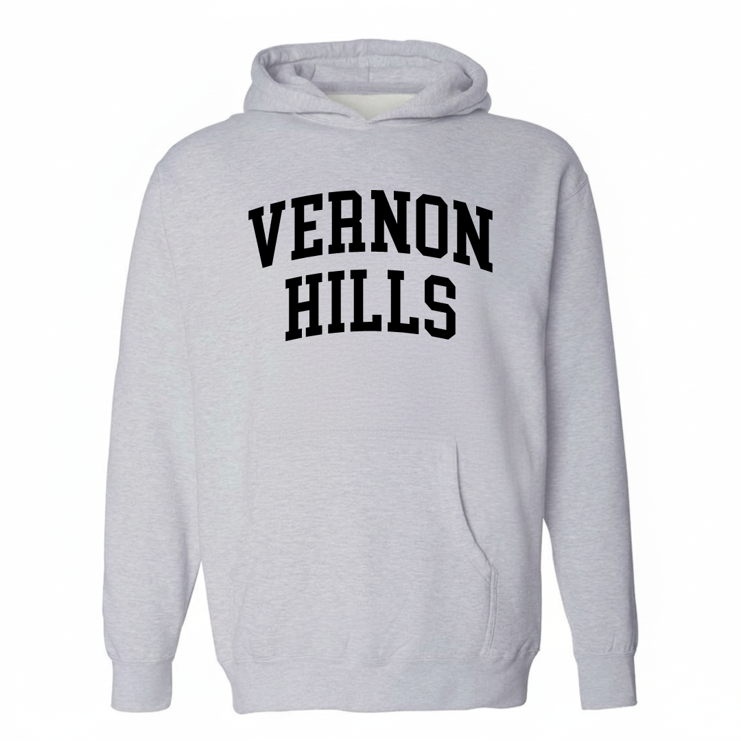 Heather-gray hoodie with the Vernon Hills arched lettering varsity-collegiate design on the chest.