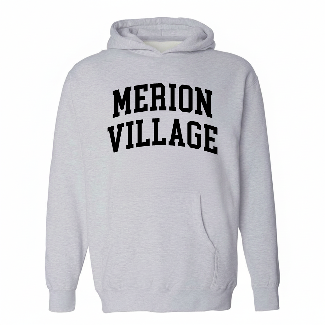 Heather-gray hoodie with the Merion Village arched lettering design on the chest.