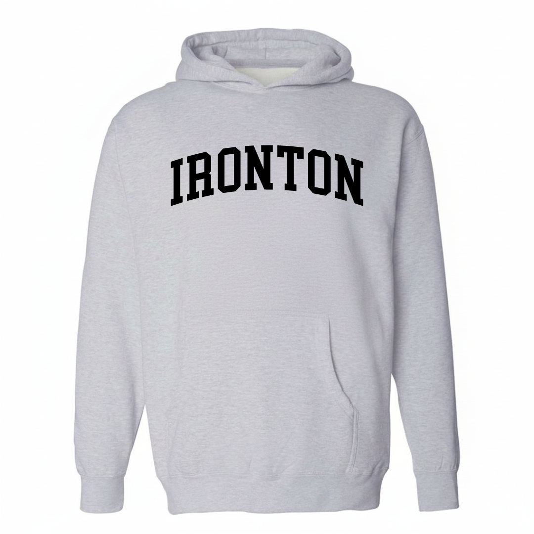 Heather-gray hoodie with the Ironton varsity arched lettering design on the chest.