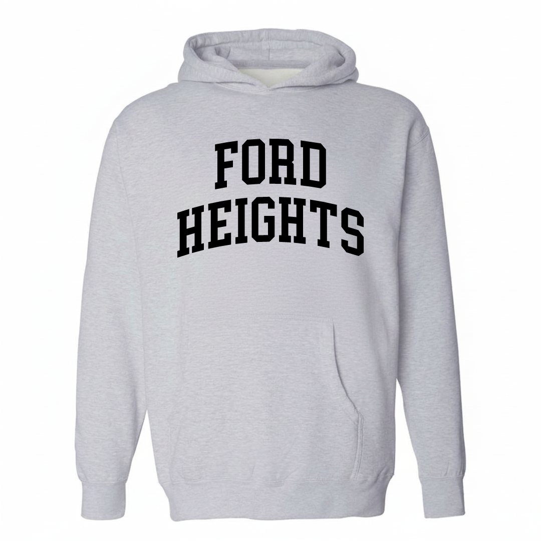 Heather-gray hoodie with the Ford Heights varsity arched lettering design on the chest.
