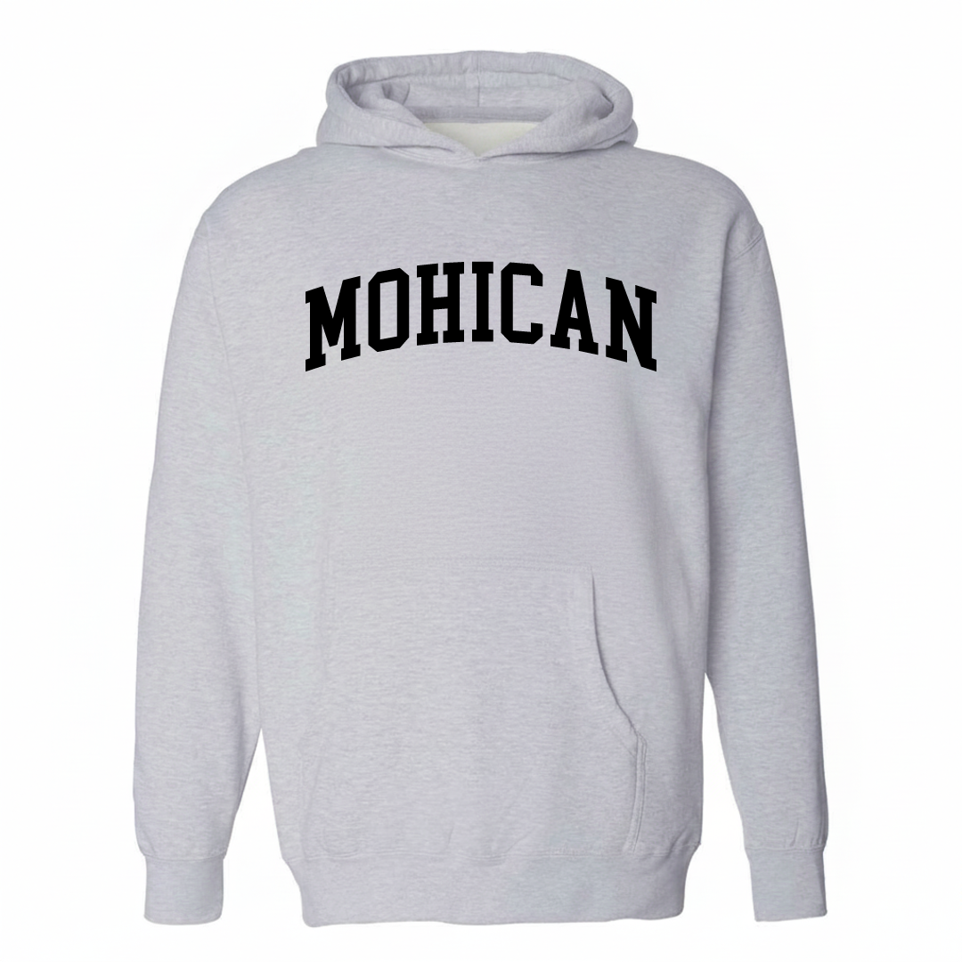 Heather-gray hoodie with the Mohican arched lettering varsity-collegiate design on the chest.