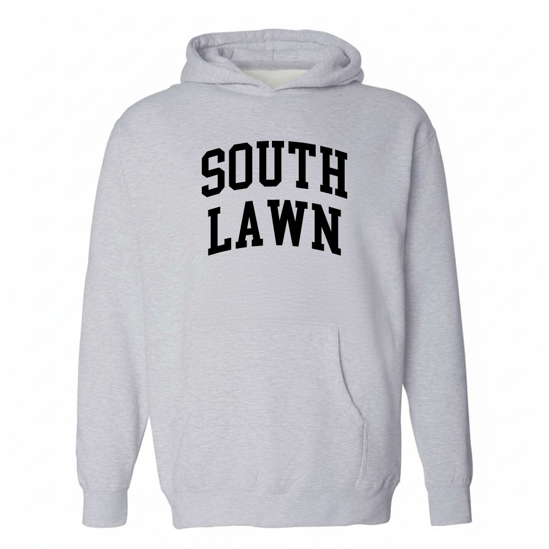 Heather-gray hoodie with the South Lawn arched lettering varsity-collegiate design on the chest.