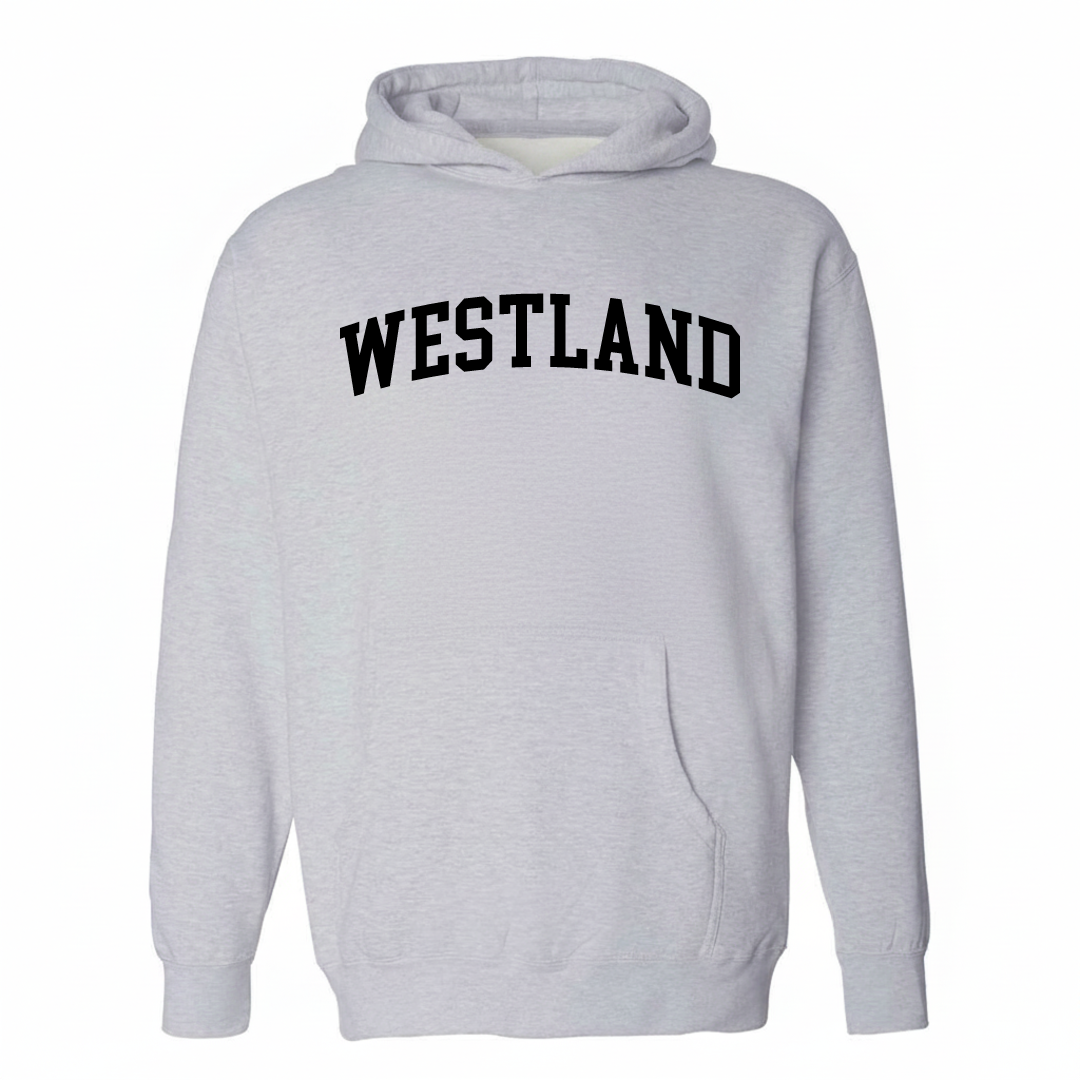 Heather-gray hoodie with the Westland arched lettering varsity-collegiate design on the chest.