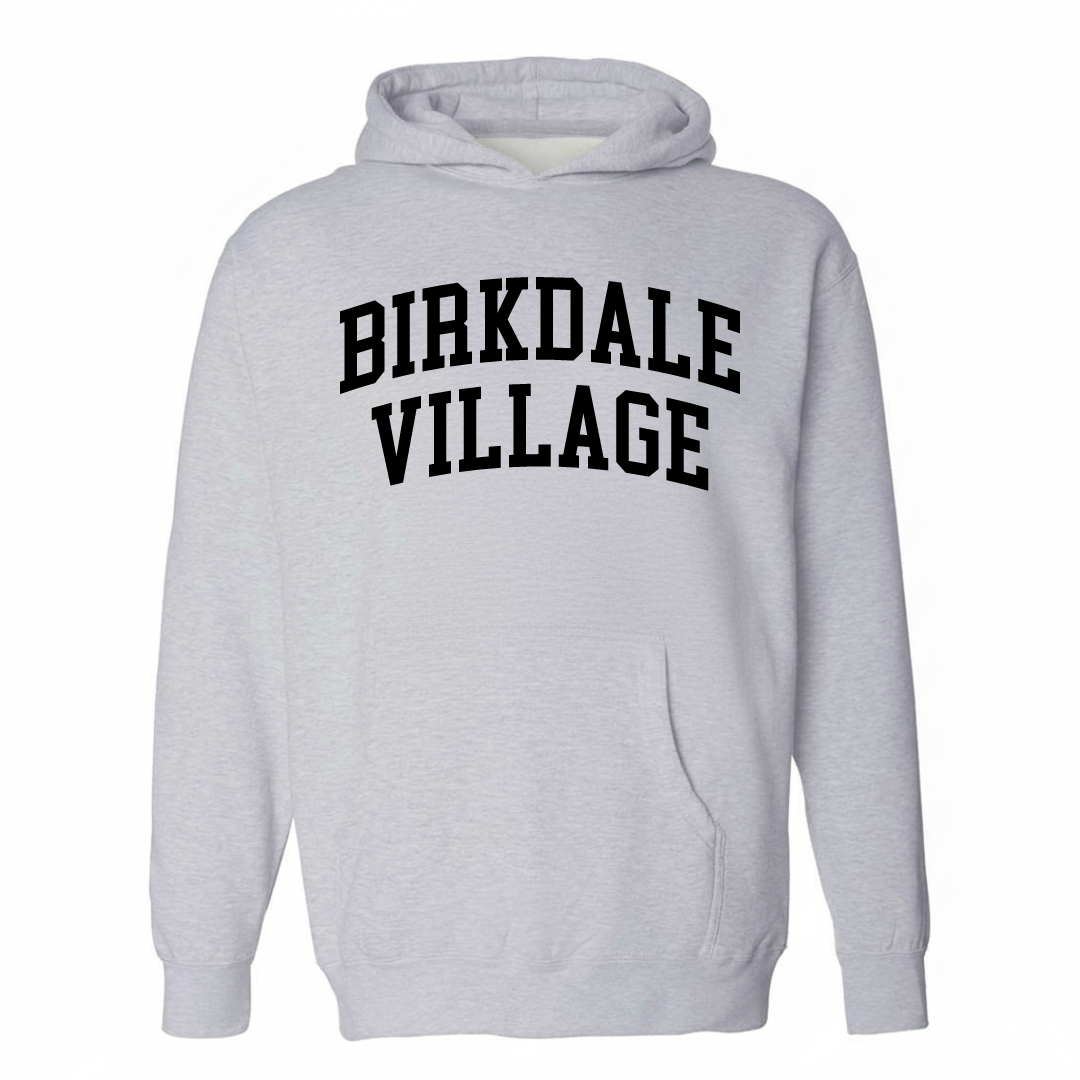 Heather-gray hoodie with the Birkdale Village varsity arched lettering design on the chest.