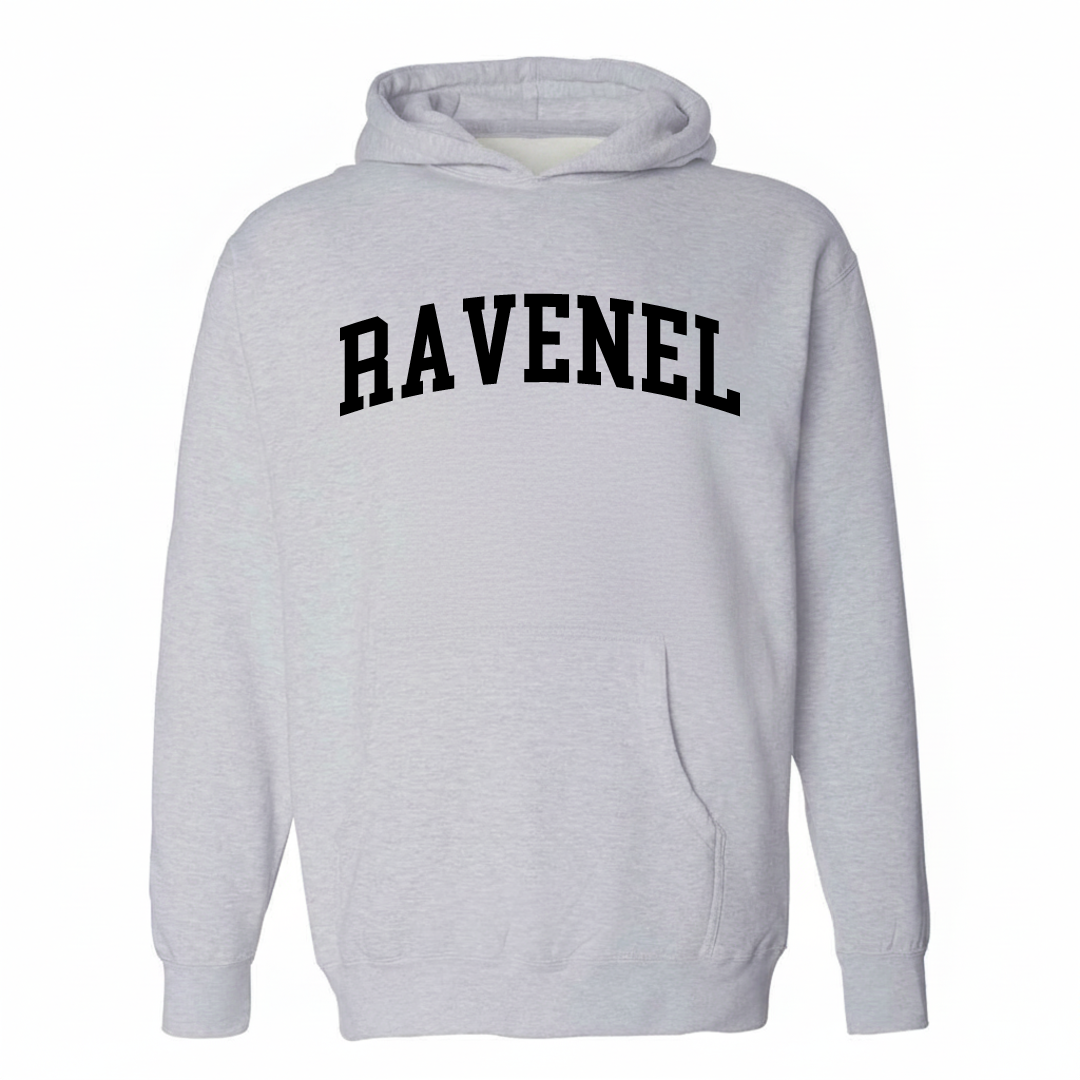 Heather-gray hoodie with the Ravenel arched varsity lettering design on the chest.