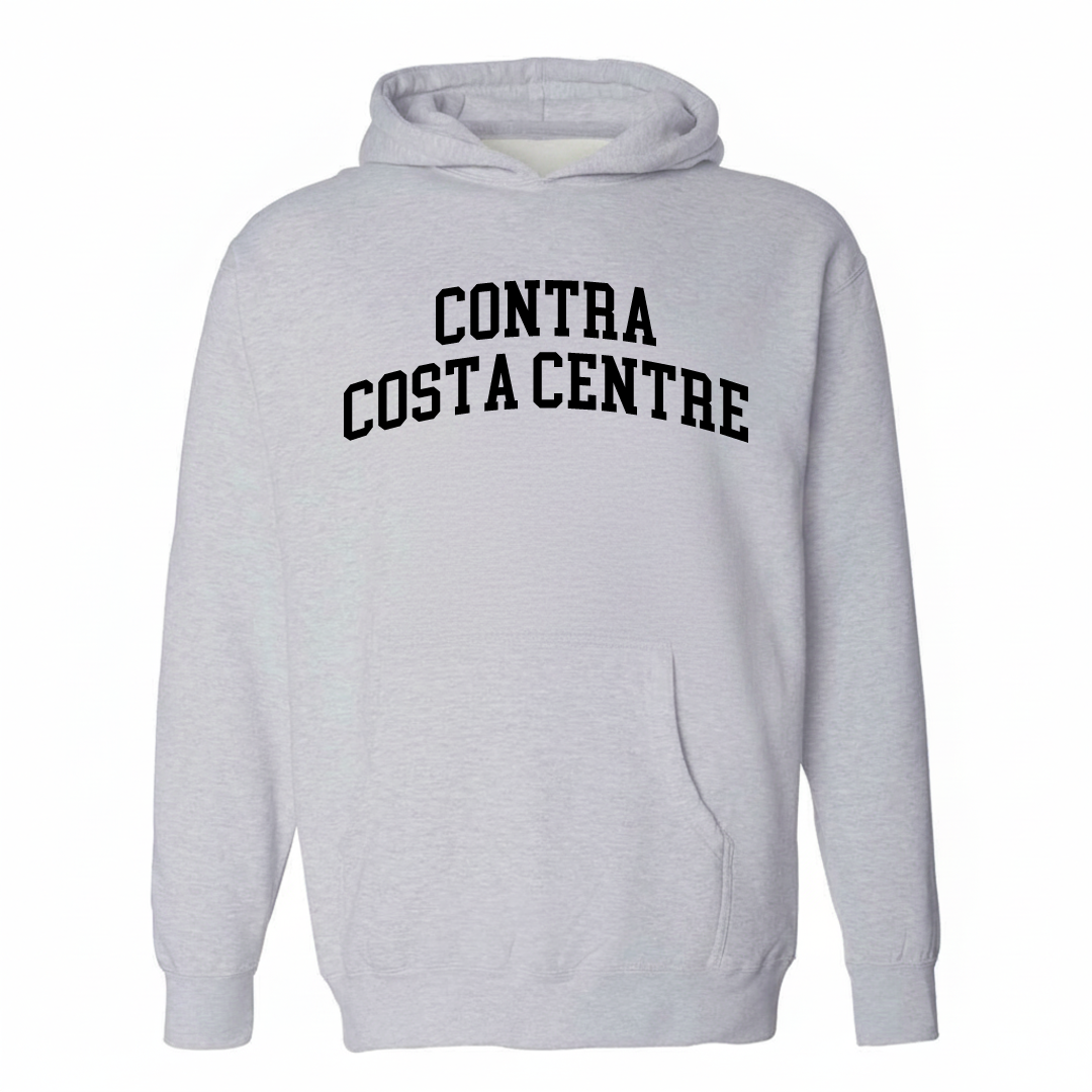 Heather-gray hoodie with the Contra Costa Centre varsity arched lettering design on the chest.