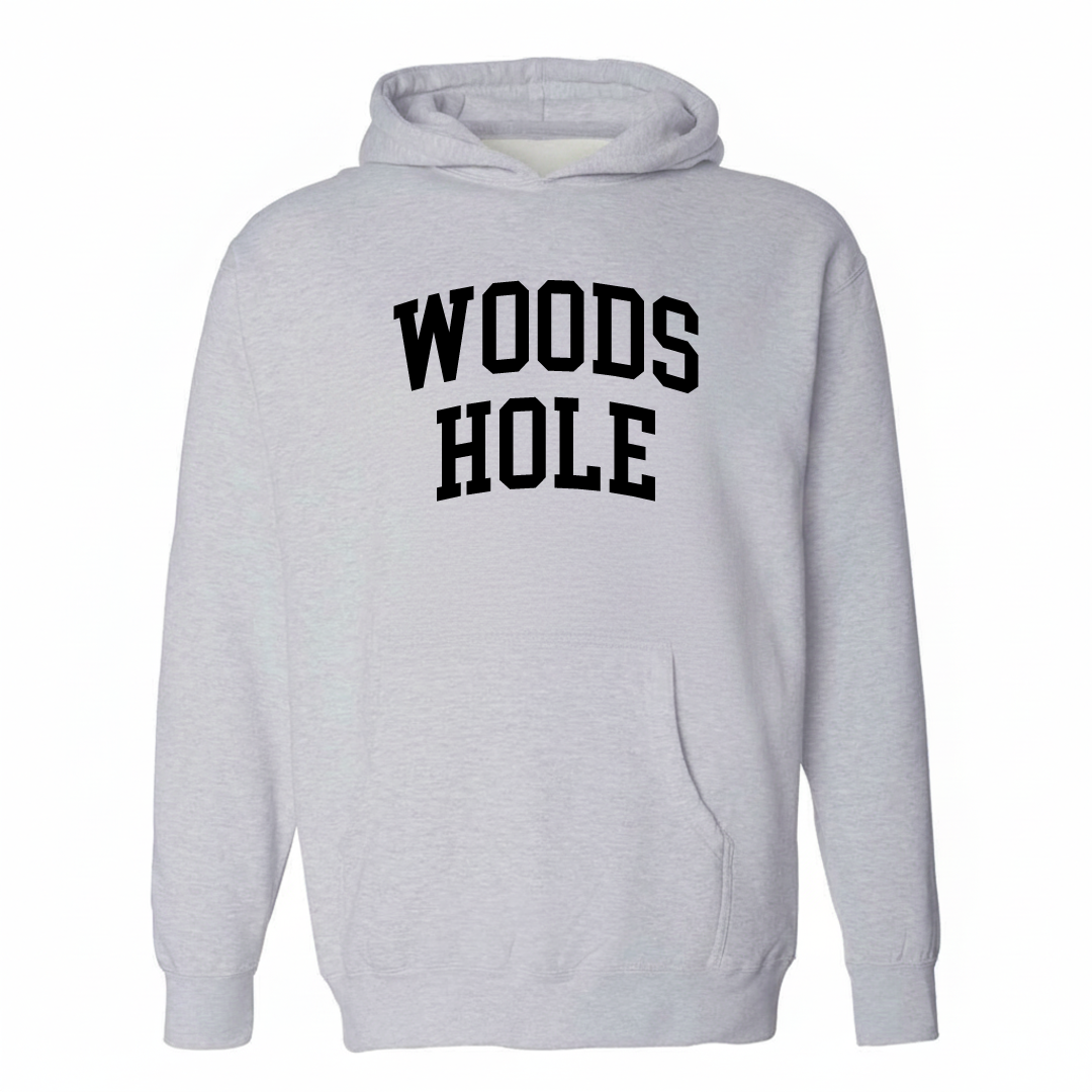 Heather-gray hoodie with the Woods Hole arched varsity lettering design on the chest.