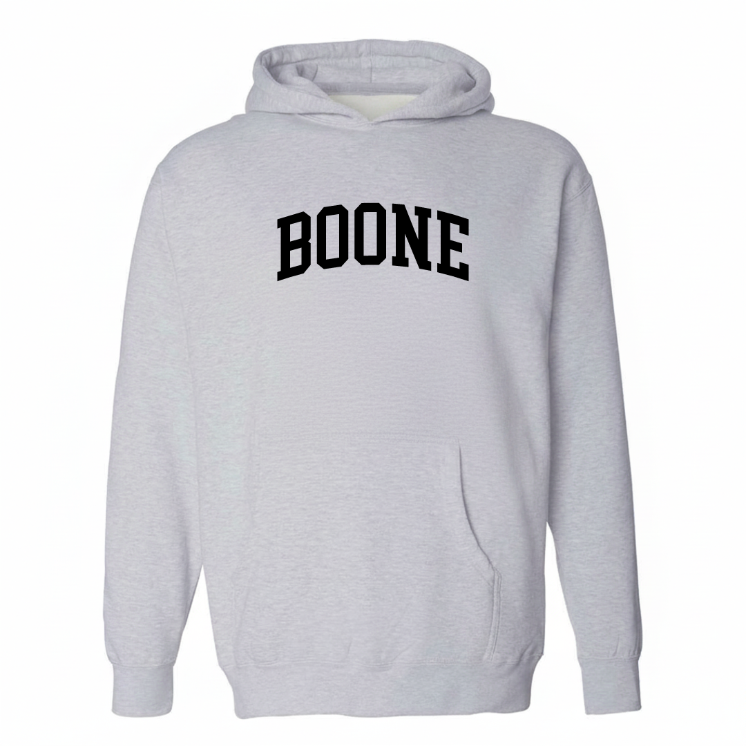 Heather-gray hoodie with the Boone arched varsity lettering design on the chest.