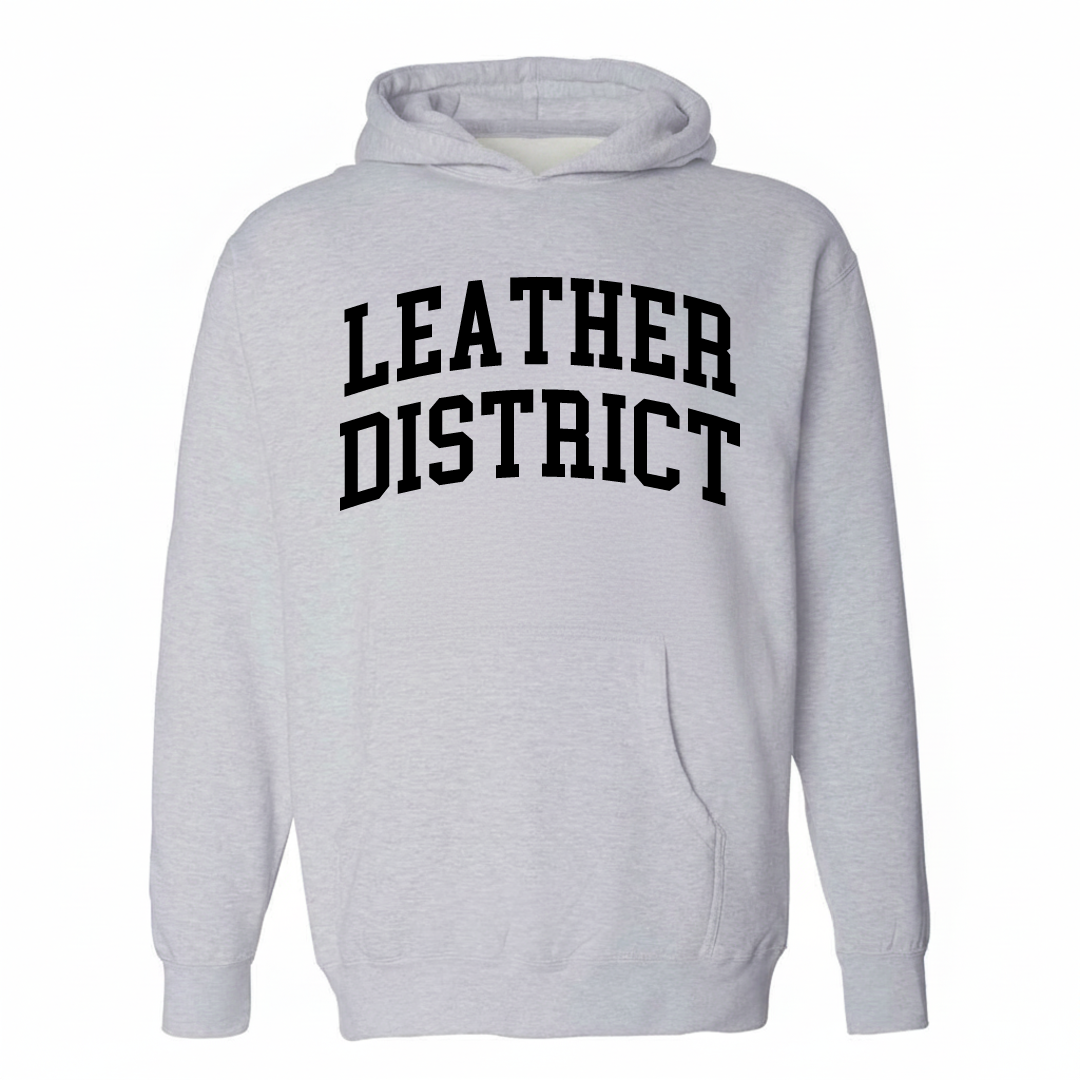 Heather-gray hoodie with the Leather District varsity arched lettering design on the chest.
