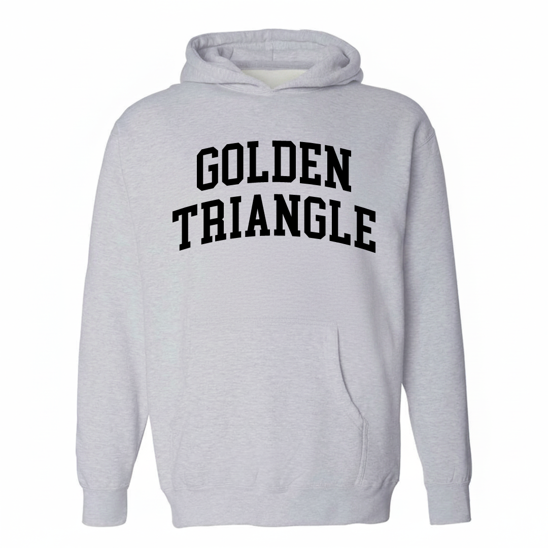 Heather-gray hoodie with the Golden Triangle arched lettering varsity-collegiate design on the chest.