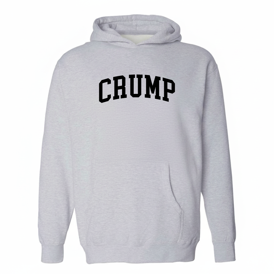 Heather-gray hoodie with the Crump varsity arched lettering design on the chest.