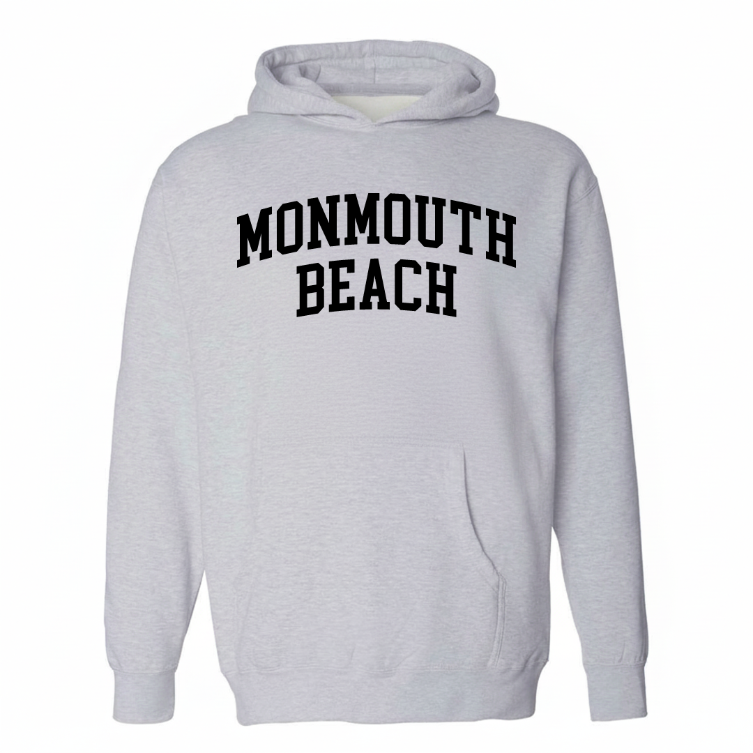 Heather-gray hoodie with the Monmouth Beach varsity arched lettering design on the chest.