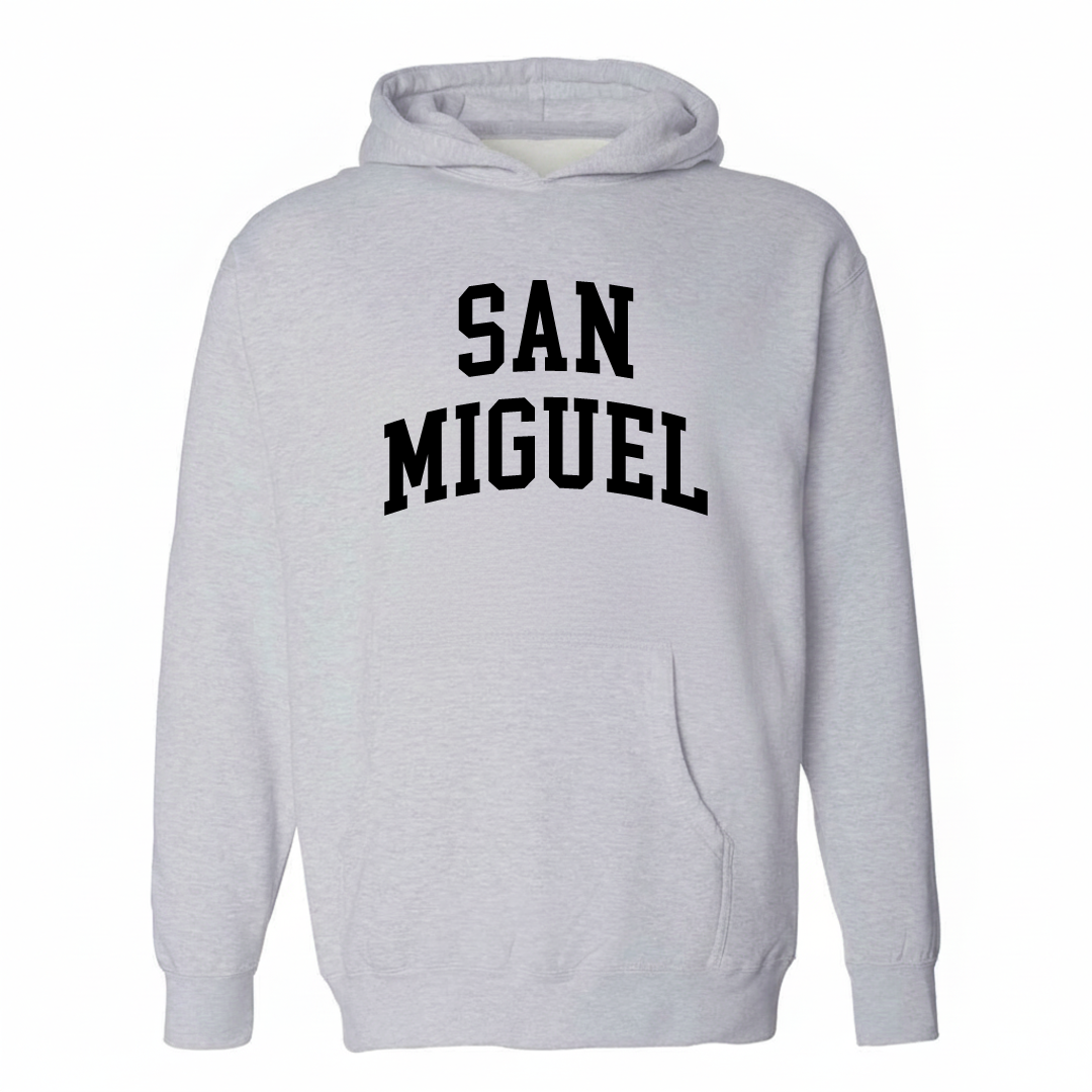 Heather-gray hoodie with the San Miguel arched varsity lettering design on the chest.