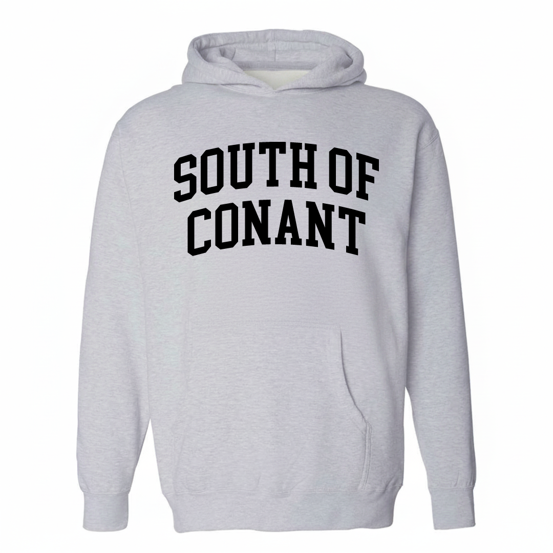 Heather-gray hoodie with the South of Conant varsity arched lettering design on the chest.