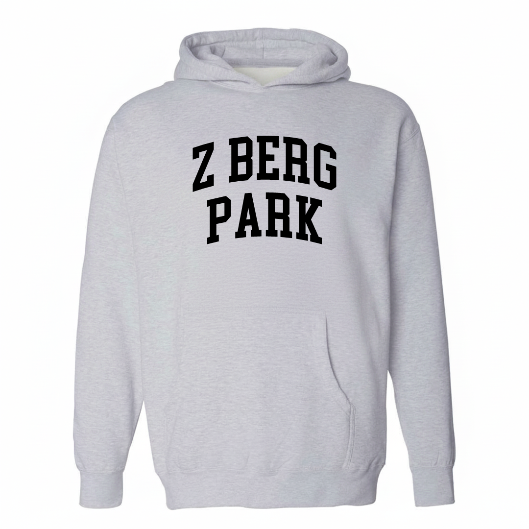 Heather-gray hoodie with the Z'berg Park arched varsity lettering design on the chest.