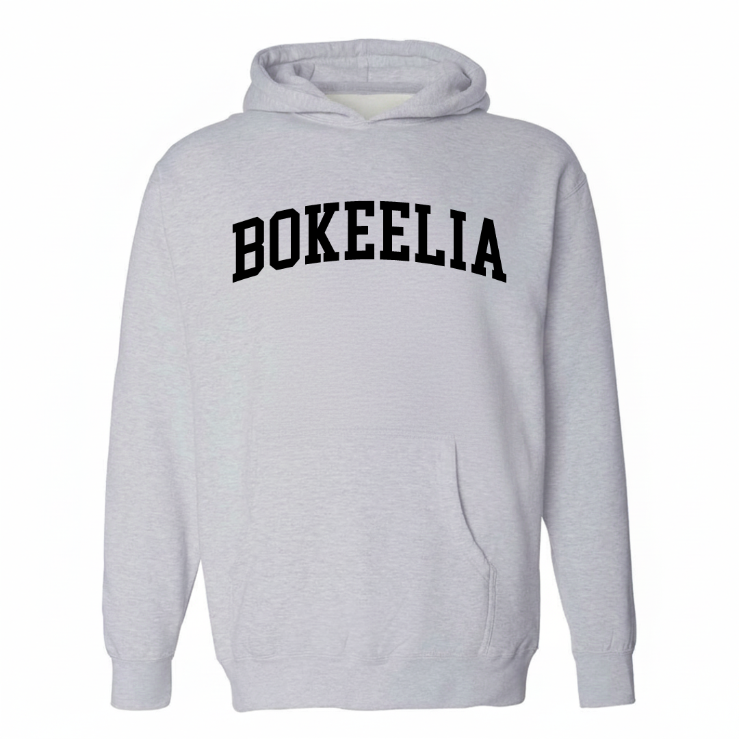 Heather-gray hoodie with the Bokeelia varsity arched lettering design on the chest.