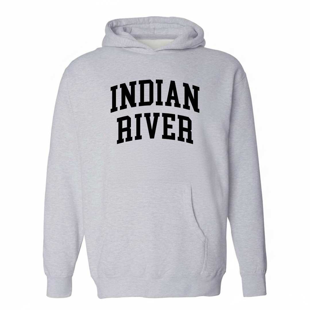 Heather-gray hoodie with the Indian River varsity arched lettering design on the chest.