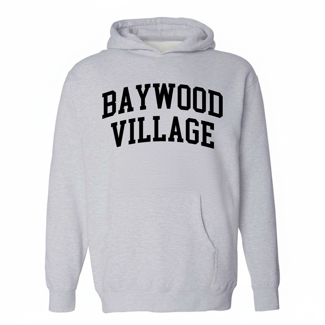 Heather-gray hoodie with the Baywood Village varsity arched lettering design on the chest.