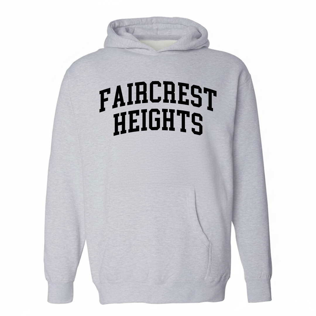 Heather-gray hoodie with the Faircrest Heights varsity arched lettering design on the chest.