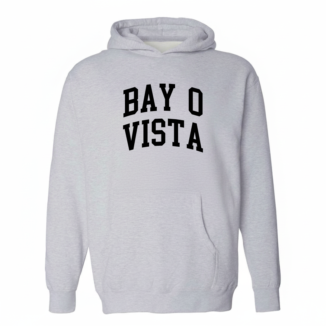 Heather-gray hoodie with the Bay-O-Vista arched lettering varsity-collegiate design on the chest.