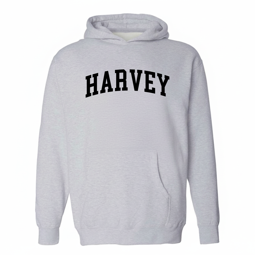 Heather-gray hoodie with the Harvey, MI varsity arched lettering design on the chest.